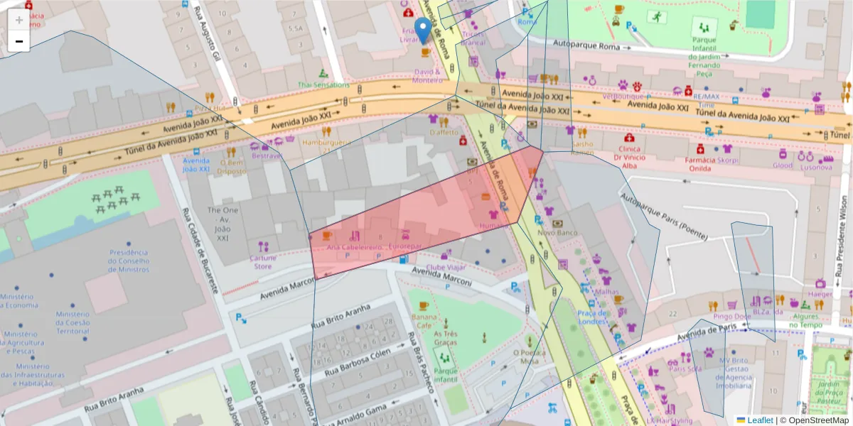 Mapa detalhado do código postal 1000-000 com limites, códigos postais vizinhos e agências dos correios