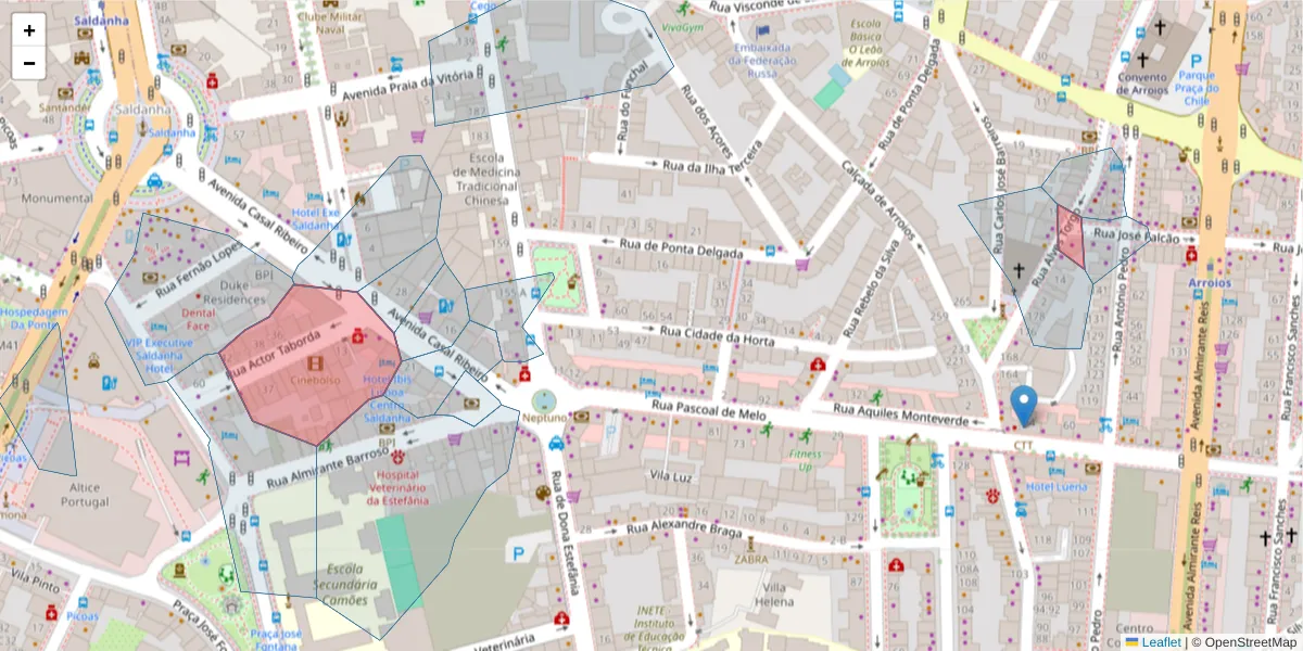 Mapa detalhado do código postal 1000-007 com limites, códigos postais vizinhos e agências dos correios