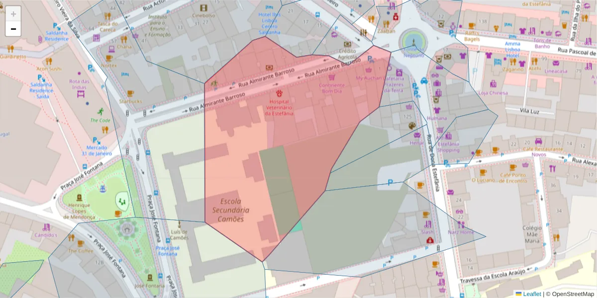 Mapa detalhado do código postal 1000-012 com limites, códigos postais vizinhos e agências dos correios