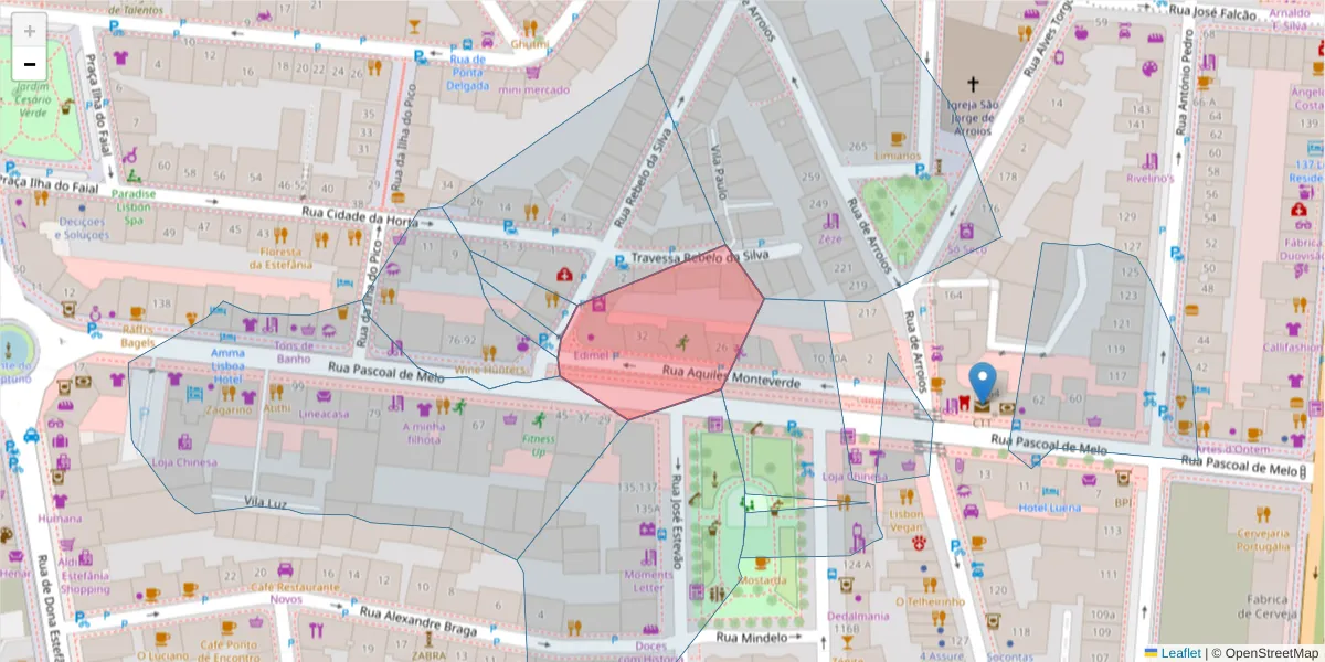 Mapa detalhado do código postal 1000-018 com limites, códigos postais vizinhos e agências dos correios