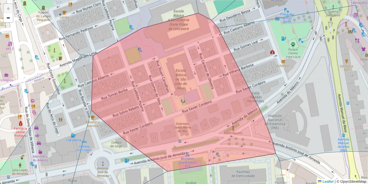 Mapa detalhado do código postal 1000-043 com limites, códigos postais vizinhos e agências dos correios
