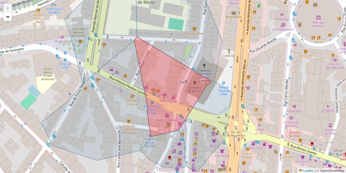 Mapa detalhado do código postal 1000-047 com limites, códigos postais vizinhos e agências dos correios