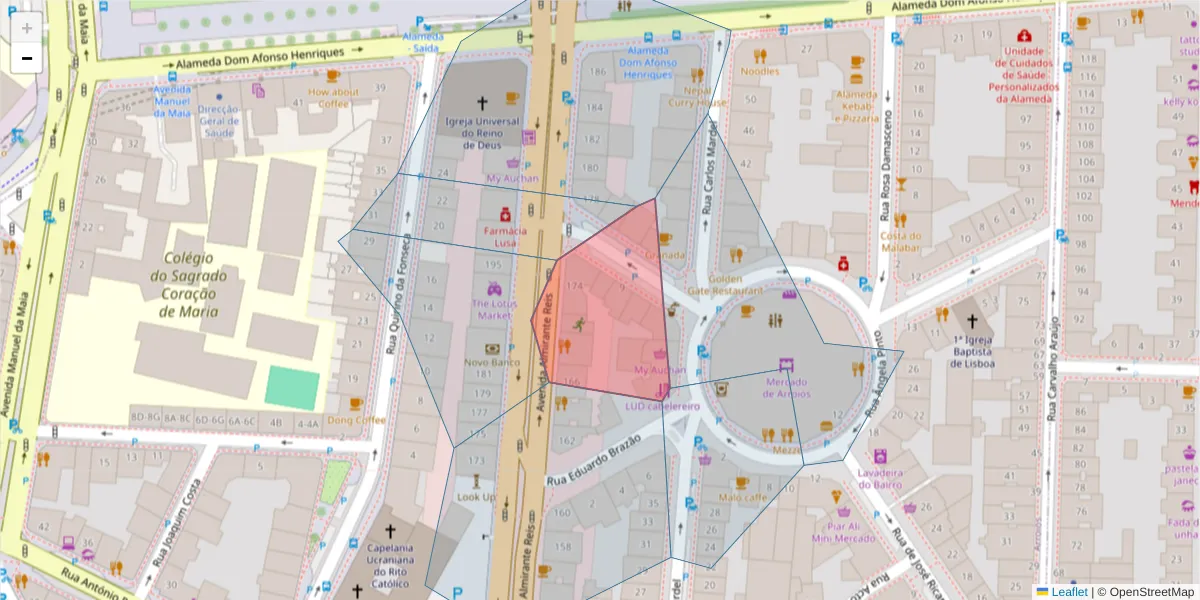 Mapa detalhado do código postal 1000-053 com limites, códigos postais vizinhos e agências dos correios