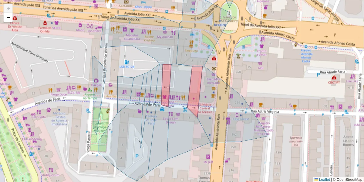 Mapa detalhado do código postal 1000-058 Areeiro com limites, códigos postais vizinhos e agências dos correios