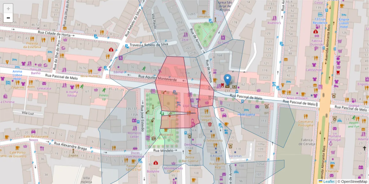 Mapa detalhado do código postal 1000-059 com limites, códigos postais vizinhos e agências dos correios