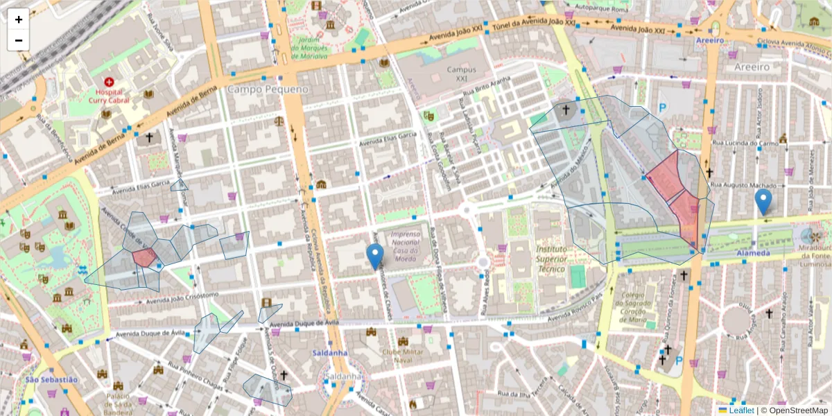 Mapa detalhado do código postal 1000-067 com limites, códigos postais vizinhos e agências dos correios