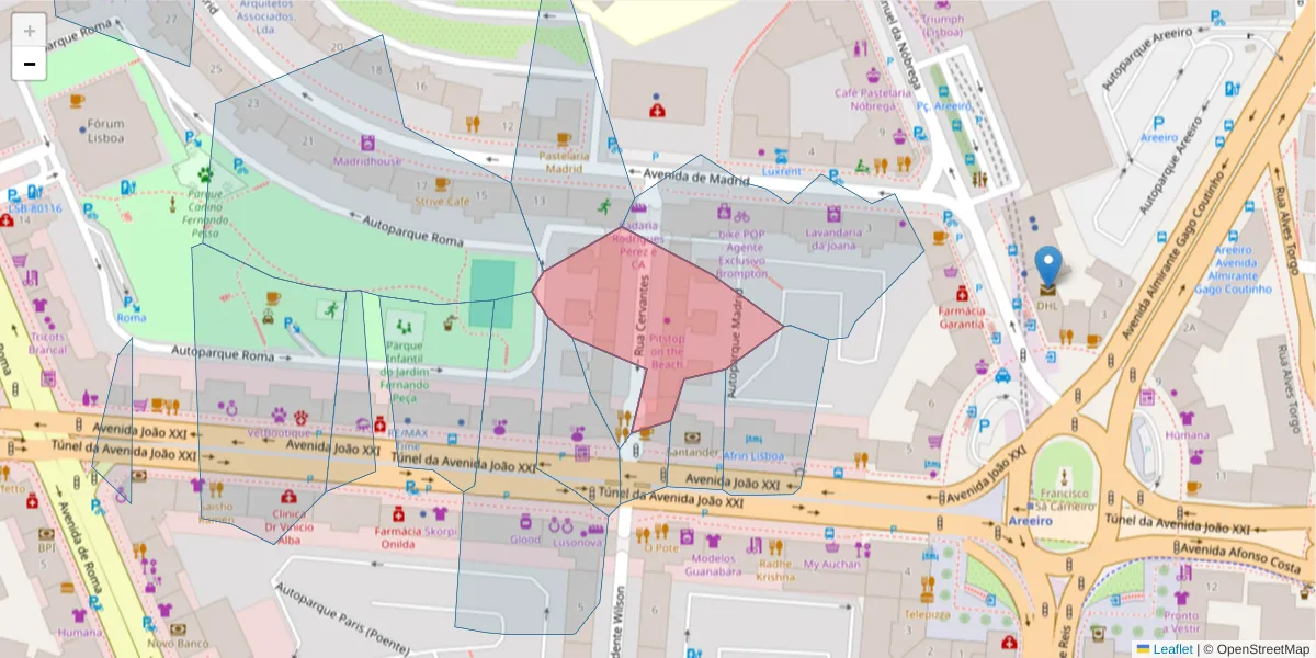 Mapa detalhado do código postal 1000-095 com limites, códigos postais vizinhos e agências dos correios