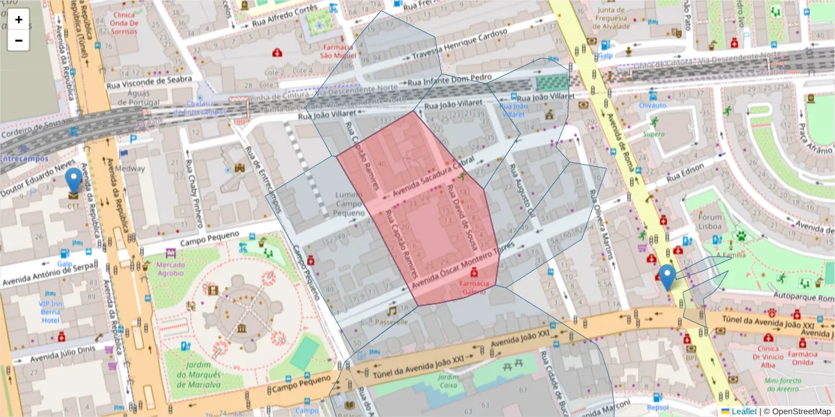 Mapa detalhado do código postal 1000-105 com limites, códigos postais vizinhos e agências dos correios