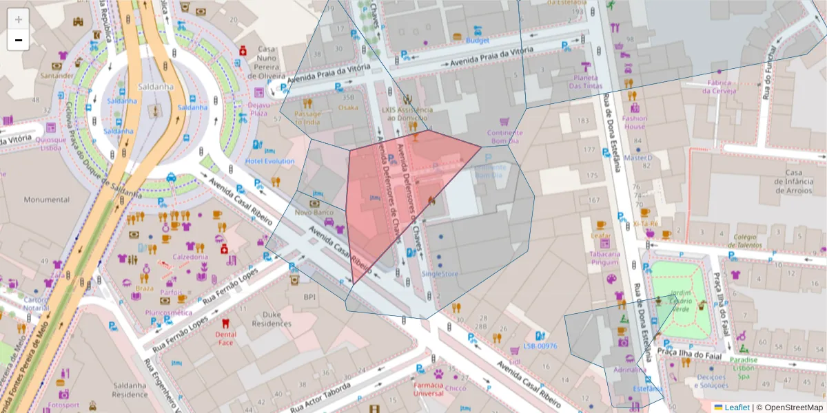Mapa detalhado do código postal 1000-109 com limites, códigos postais vizinhos e agências dos correios