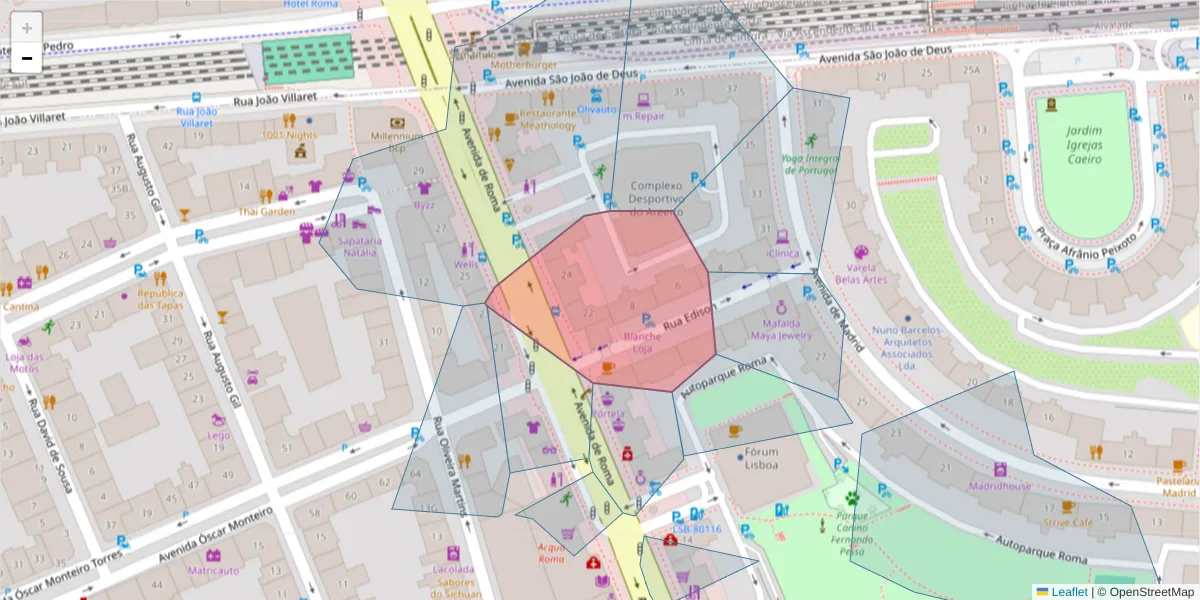 Mapa detalhado do código postal 1000-143 com limites, códigos postais vizinhos e agências dos correios