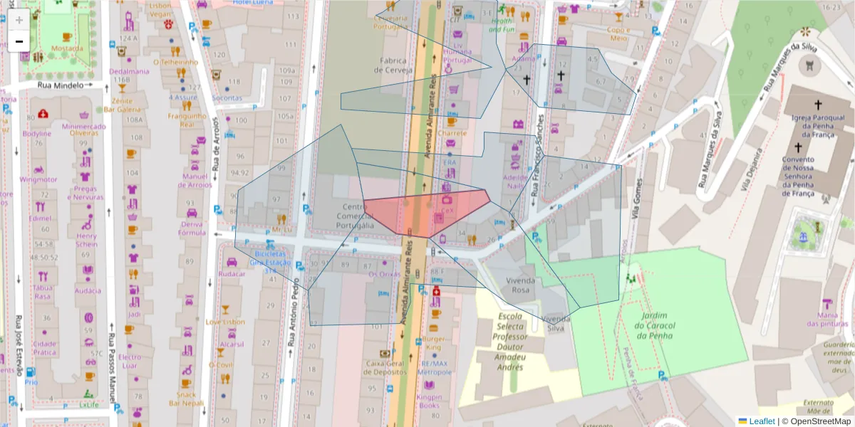 Mapa detalhado do código postal 1000-148 com limites, códigos postais vizinhos e agências dos correios