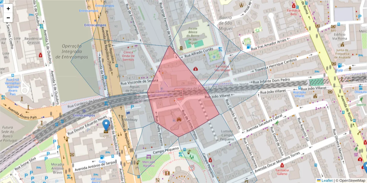 Mapa detalhado do código postal 1000-151 com limites, códigos postais vizinhos e agências dos correios