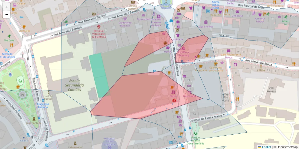 Mapa detalhado do código postal 1000-153 com limites, códigos postais vizinhos e agências dos correios