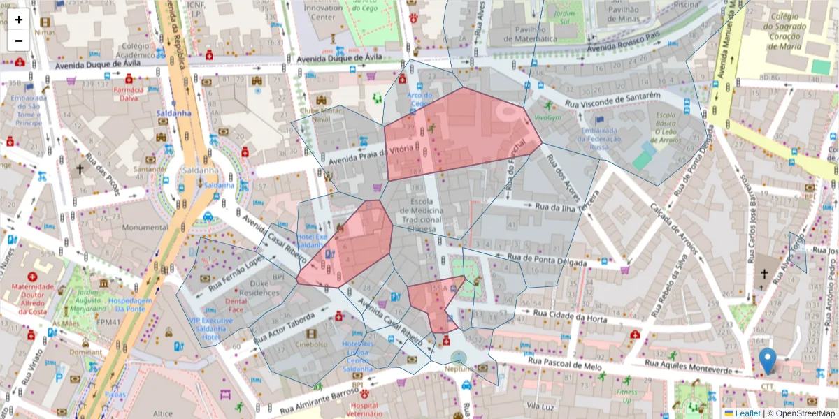 Mapa detalhado do código postal 1000-154 com limites, códigos postais vizinhos e agências dos correios