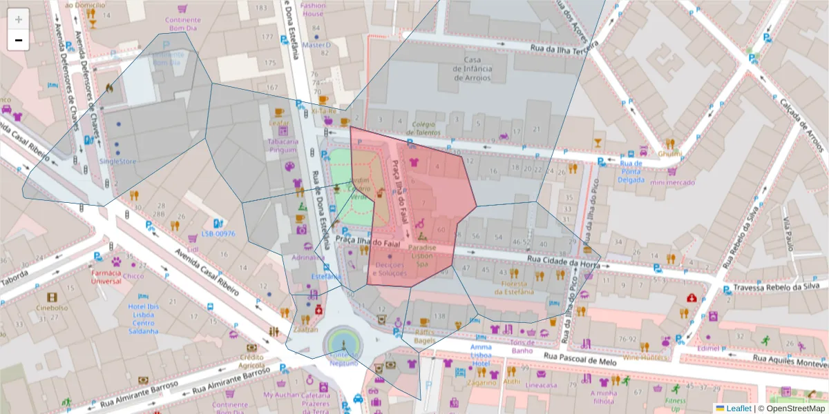 Mapa detalhado do código postal 1000-168 com limites, códigos postais vizinhos e agências dos correios