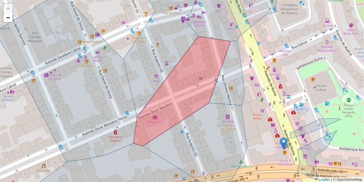 Mapa detalhado do código postal 1000-217 com limites, códigos postais vizinhos e agências dos correios