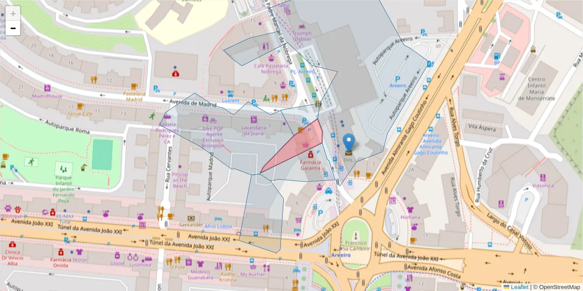 Mapa detalhado do código postal 1000-222 com limites, códigos postais vizinhos e agências dos correios