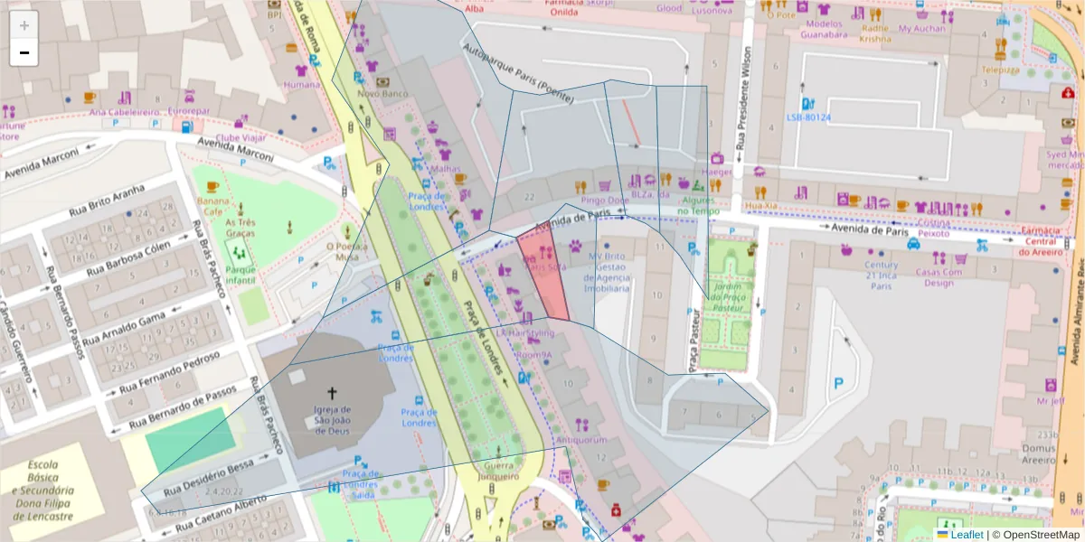 Mapa detalhado do código postal 1000-227 com limites, códigos postais vizinhos e agências dos correios