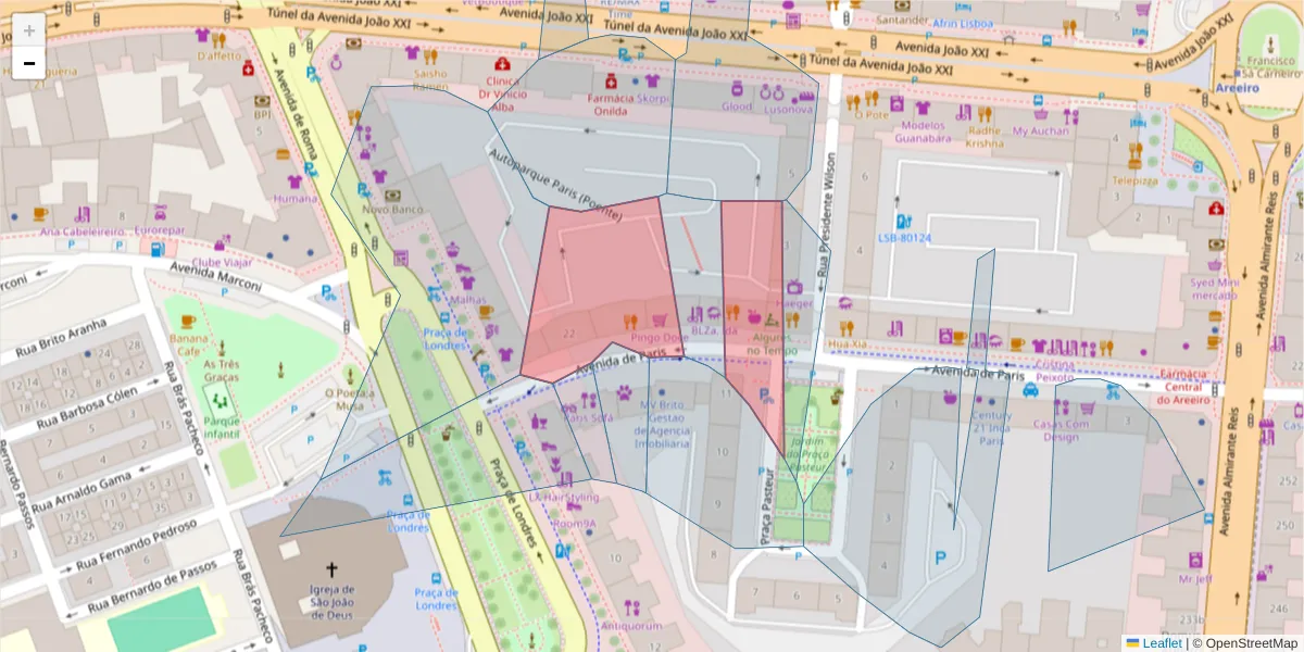 Mapa detalhado do código postal 1000-229 com limites, códigos postais vizinhos e agências dos correios