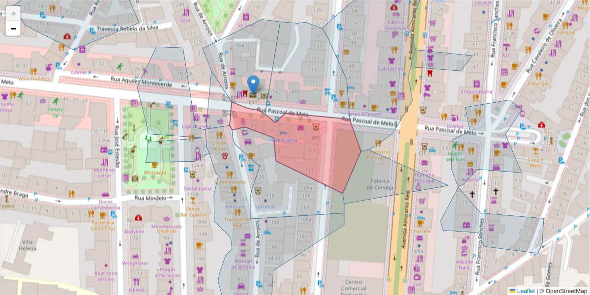 Mapa detalhado do código postal 1000-230 com limites, códigos postais vizinhos e agências dos correios