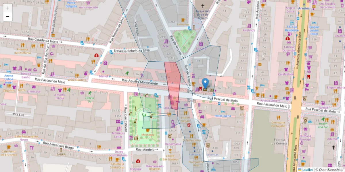 Mapa detalhado do código postal 1000-231 com limites, códigos postais vizinhos e agências dos correios