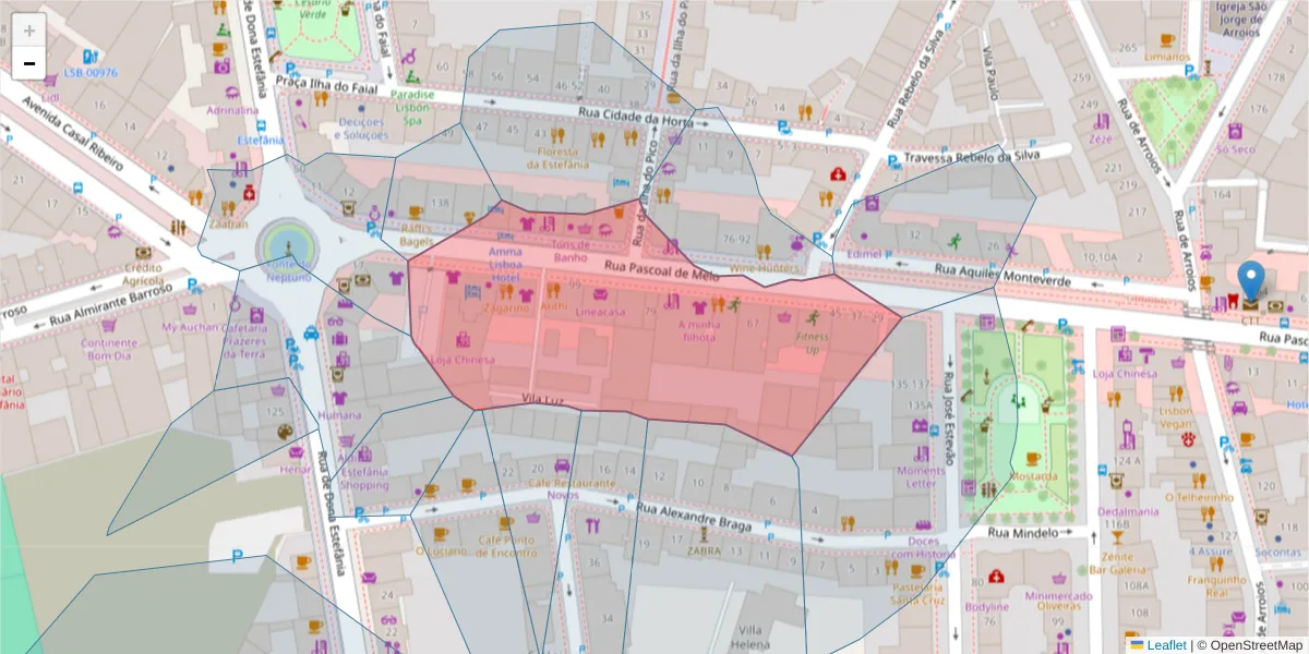 Mapa detalhado do código postal 1000-232 com limites, códigos postais vizinhos e agências dos correios