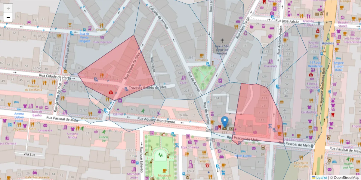 Mapa detalhado do código postal 1000-234 com limites, códigos postais vizinhos e agências dos correios