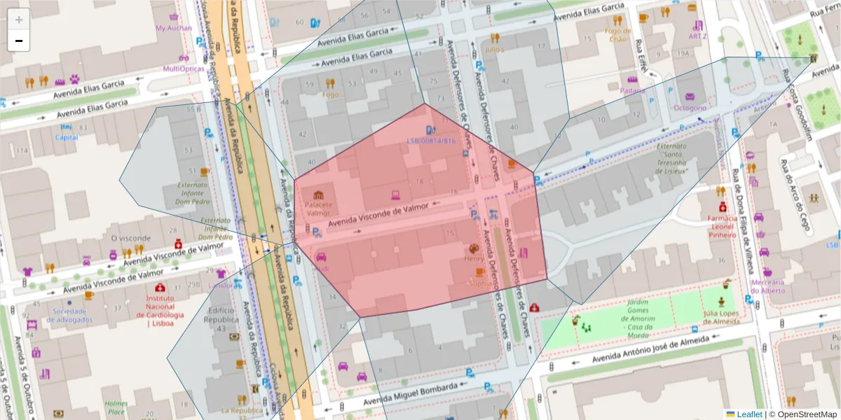 Mapa detalhado do código postal 1000-292 com limites, códigos postais vizinhos e agências dos correios