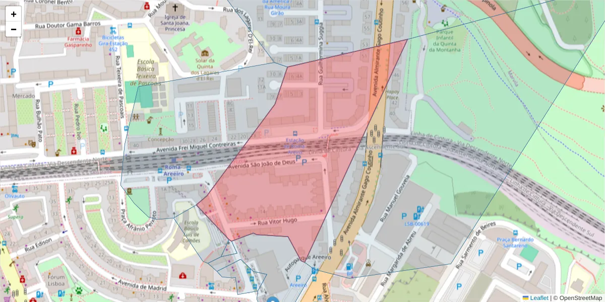 Mapa detalhado do código postal 1000-294 com limites, códigos postais vizinhos e agências dos correios
