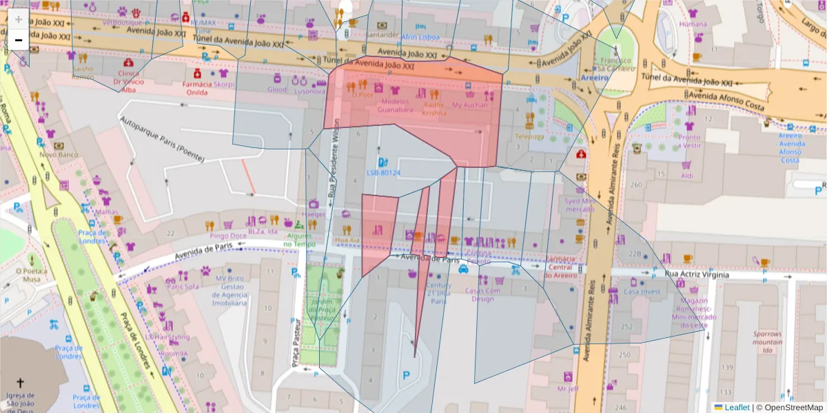 Mapa detalhado do código postal 1000-297 com limites, códigos postais vizinhos e agências dos correios