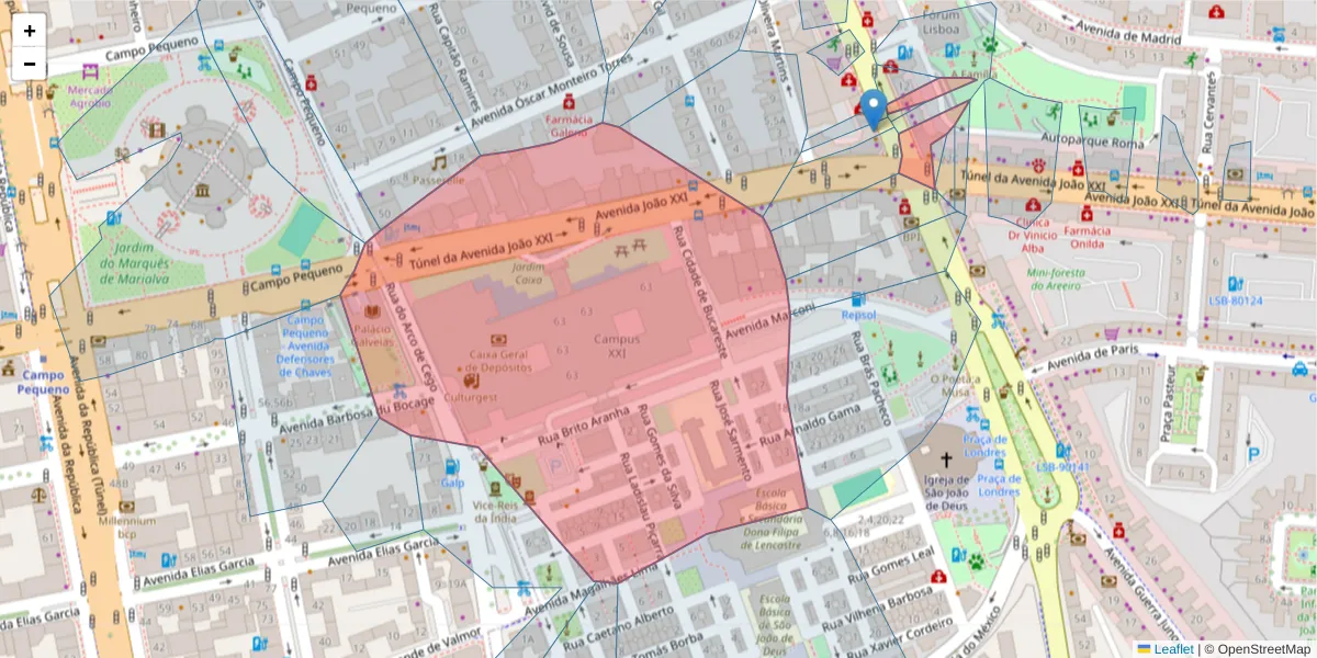 Mapa detalhado do código postal 1000-300 com limites, códigos postais vizinhos e agências dos correios