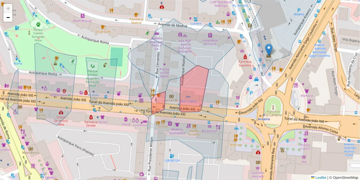 Mapa detalhado do código postal 1000-301 com limites, códigos postais vizinhos e agências dos correios