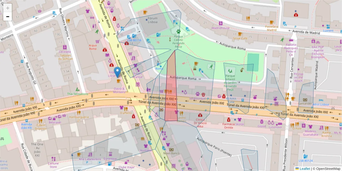 Mapa detalhado do código postal 1000-304 com limites, códigos postais vizinhos e agências dos correios