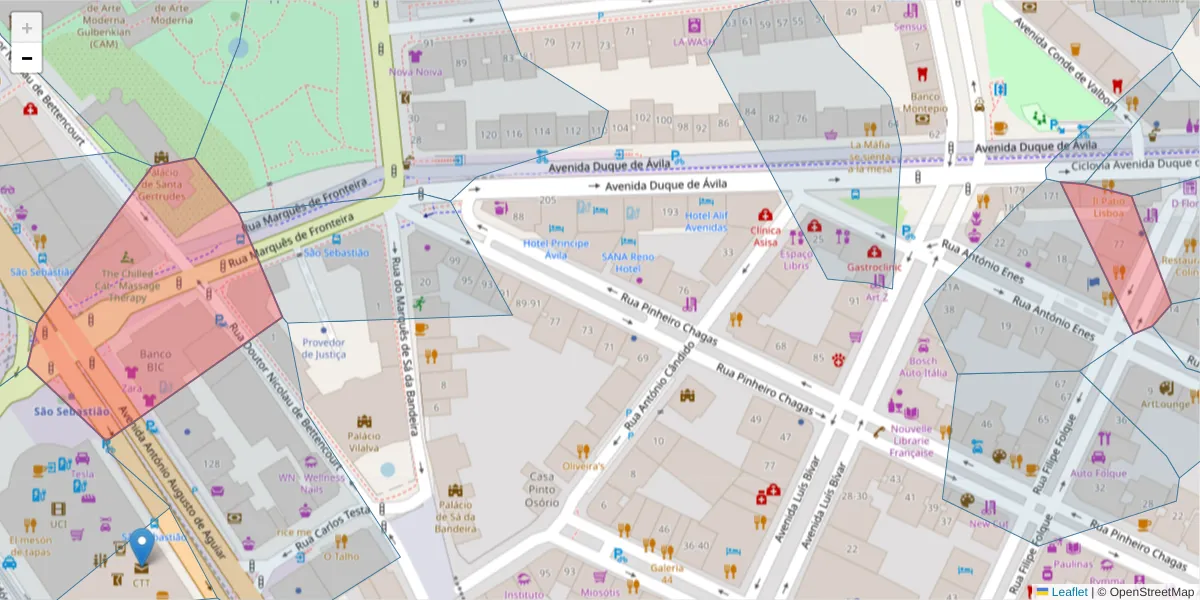 Mapa detalhado do código postal 1050-000 com limites, códigos postais vizinhos e agências dos correios