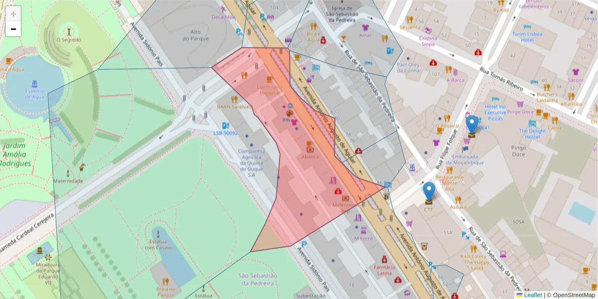 Mapa detalhado do código postal 1050-012 com limites, códigos postais vizinhos e agências dos correios
