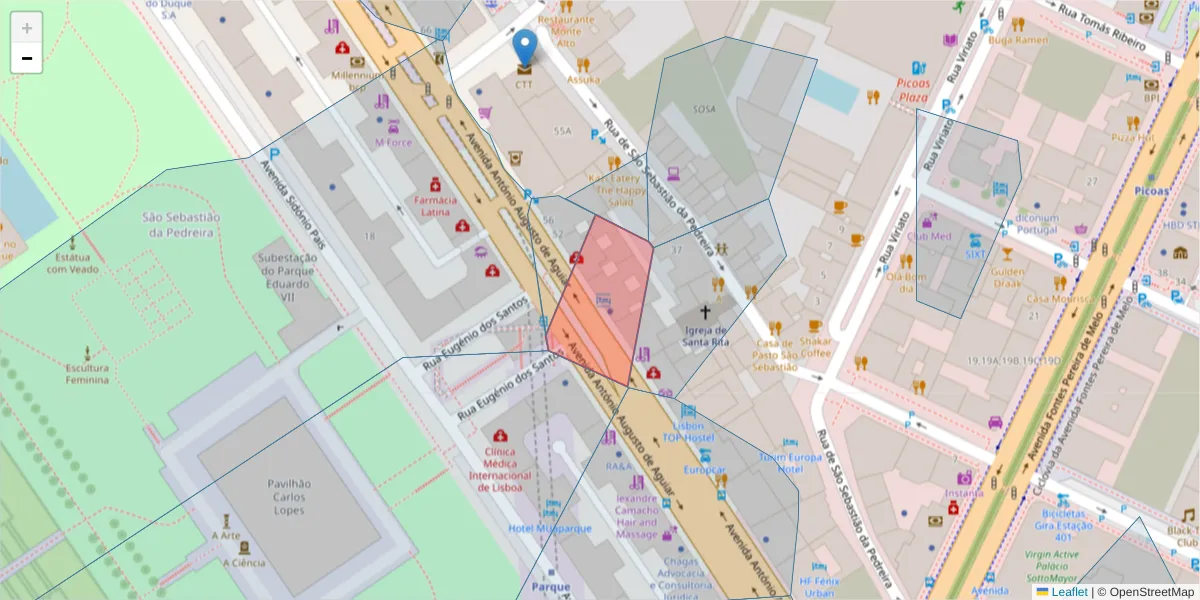 Mapa detalhado do código postal 1050-017 com limites, códigos postais vizinhos e agências dos correios