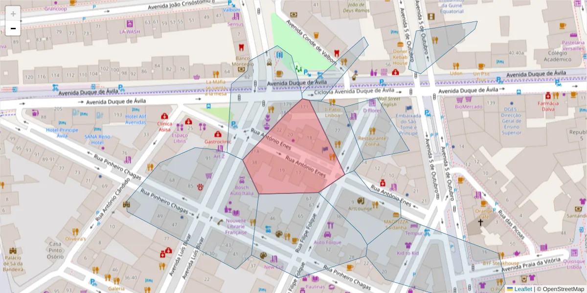 Mapa detalhado do código postal 1050-025 com limites, códigos postais vizinhos e agências dos correios