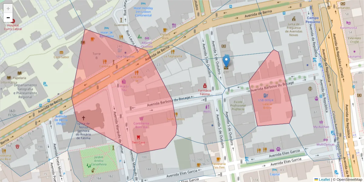 Mapa detalhado do código postal 1050-031 com limites, códigos postais vizinhos e agências dos correios