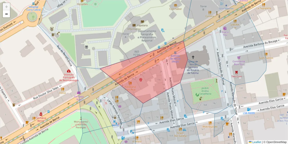 Mapa detalhado do código postal 1050-038 com limites, códigos postais vizinhos e agências dos correios