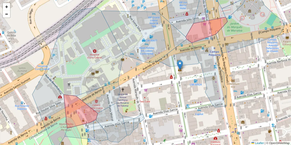 Mapa detalhado do código postal 1050-040 com limites, códigos postais vizinhos e agências dos correios