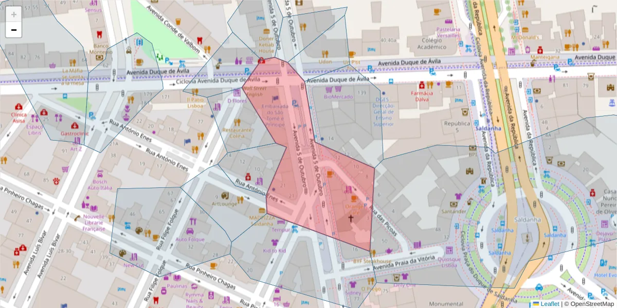 Mapa detalhado do código postal 1050-047 com limites, códigos postais vizinhos e agências dos correios