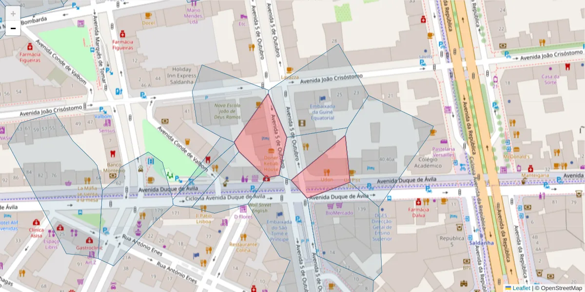 Mapa detalhado do código postal 1050-048 com limites, códigos postais vizinhos e agências dos correios