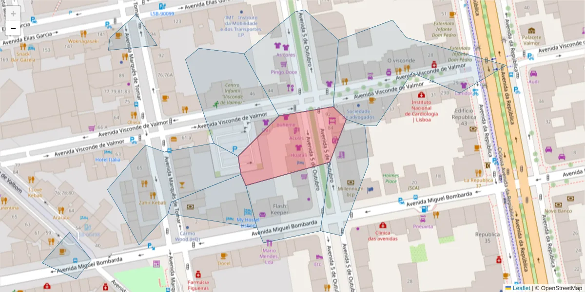 Mapa detalhado do código postal 1050-050 com limites, códigos postais vizinhos e agências dos correios