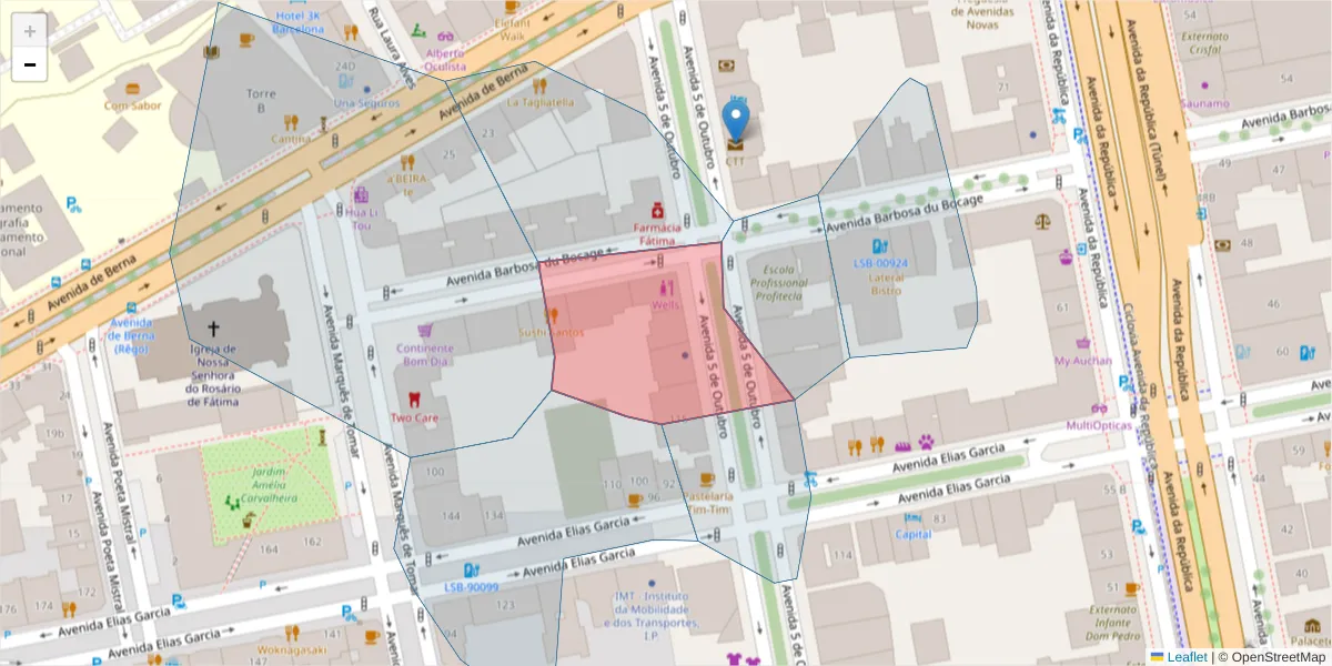 Mapa detalhado do código postal 1050-052 com limites, códigos postais vizinhos e agências dos correios