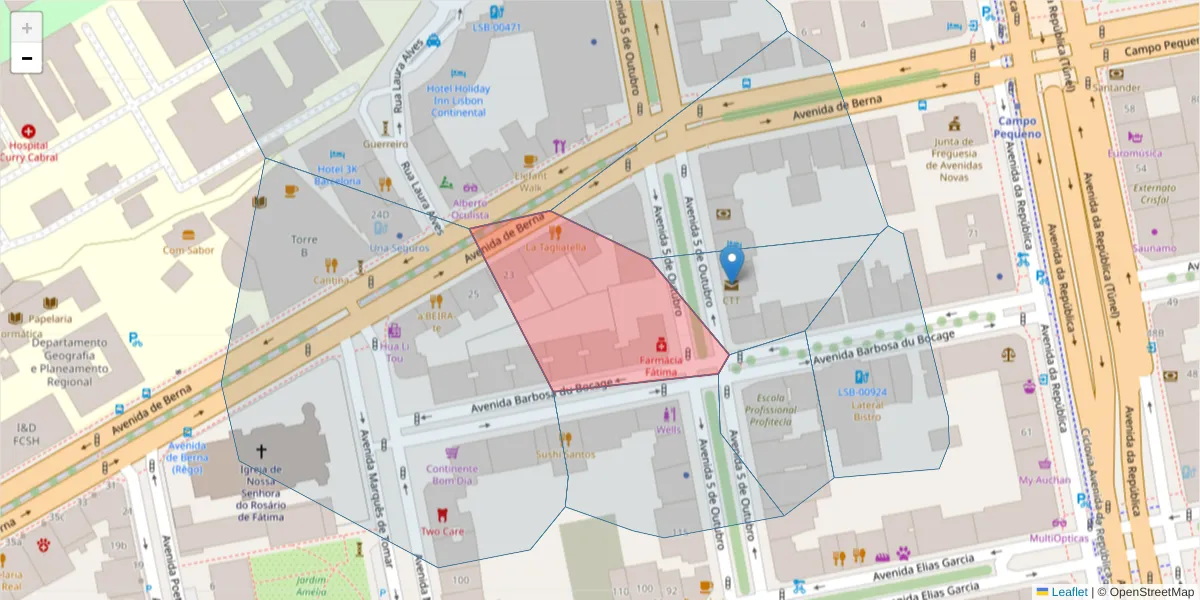 Mapa detalhado do código postal 1050-053 Nossa Senhora de Fátima com limites, códigos postais vizinhos e agências dos correios