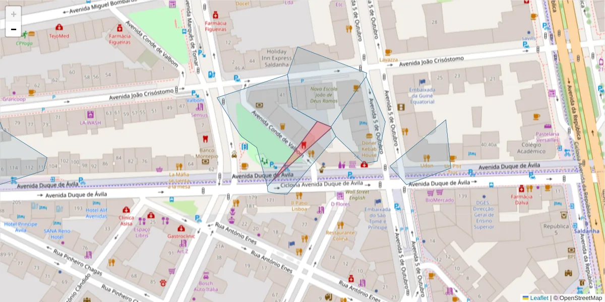 Mapa detalhado do código postal 1050-058 com limites, códigos postais vizinhos e agências dos correios