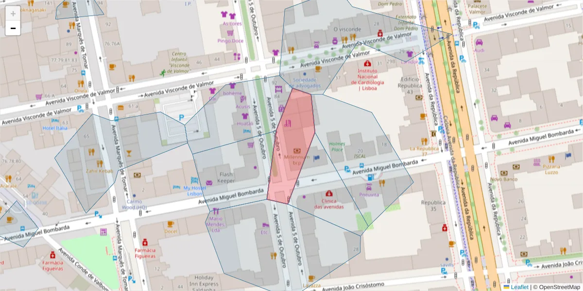 Mapa detalhado do código postal 1050-059 com limites, códigos postais vizinhos e agências dos correios