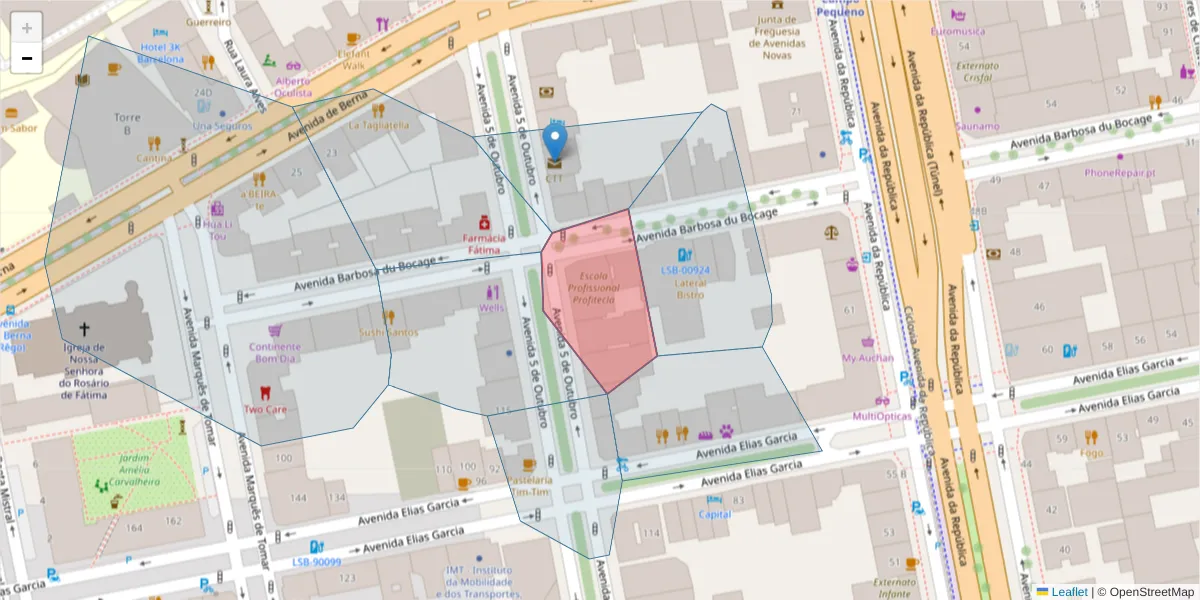 Mapa detalhado do código postal 1050-061 com limites, códigos postais vizinhos e agências dos correios