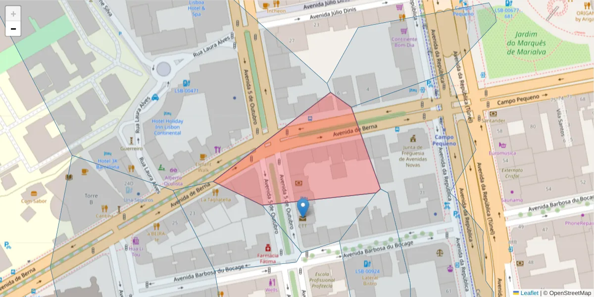 Mapa detalhado do código postal 1050-062 com limites, códigos postais vizinhos e agências dos correios
