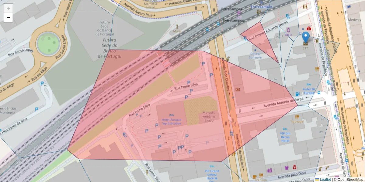 Mapa detalhado do código postal 1050-065 com limites, códigos postais vizinhos e agências dos correios